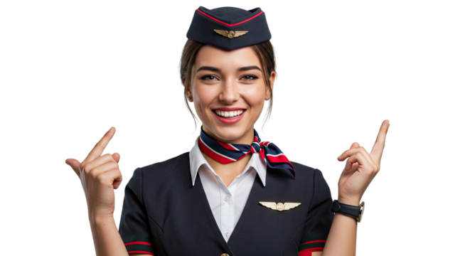 Smiling flight attendant gesturing upwards with both index fingers on black background