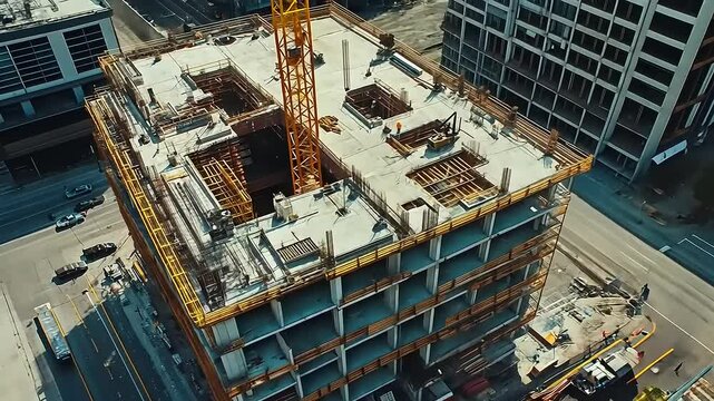 Aerial view of a construction site featuring a high-rise building under development in an urban area