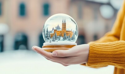 happy travel concept. Snow globe featuring a church and winter scenery held by a person.
