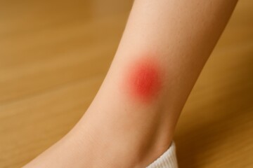 Swollen bug bite on leg with red irritation on skin indoors  