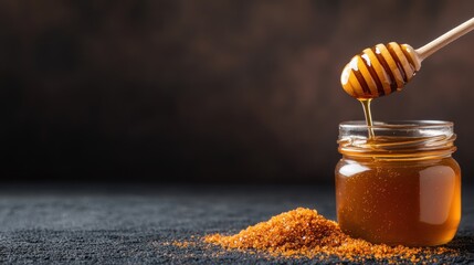 A close-up shot of honey dripping from a wooden dipper into a jar, highlighting the rich, golden color and thick texture. The image conveys the sweetness and natural essence of honey.