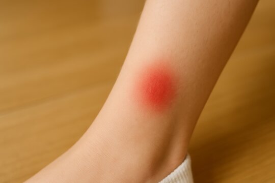 Swollen bug bite on leg with red irritation on skin indoors  