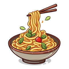 Delicious noodle bowl with chopsticks and fresh basil leaves illustration