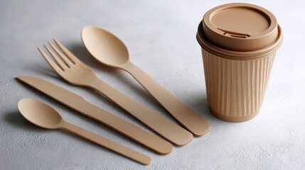 Compostable wooden cutlery set with paper coffee cup, Eco-friendly cutlery set