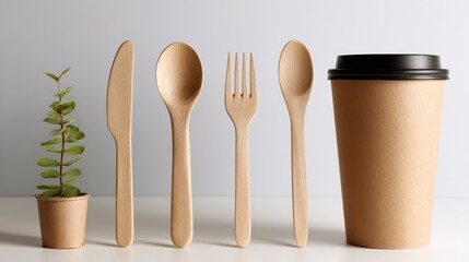 Compostable wooden cutlery set with paper coffee cup, Eco-friendly cutlery set