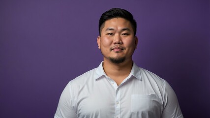 Fototapeta premium Plus size Asian man plain purple background, looking proud