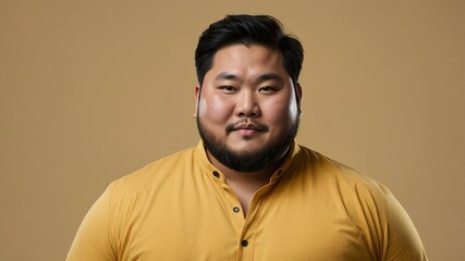 Fototapeta premium Plus size Asian man plain gold background, looking proud