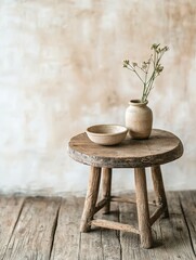 happy travel concept. Rustic table with vase and bowl on a textured background.