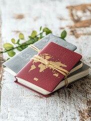 happy travel concept. Notebooks tied with string surrounded by greenery on a textured surface.