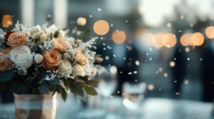 A stunning flower bouquet featuring roses and delicate blooms stands elegantly on a table, capturing the beauty of nature and the warmth of celebrations.