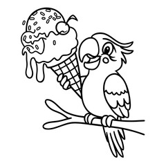 Cute cartoon parrot holding ice cream cone