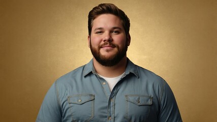 Fototapeta premium Plus size American man plain gold background, looking proud