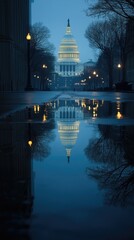 Evening reflection of a capitol building in a puddle.