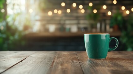 This serene image presents a teal coffee cup resting on a rustic wooden table, enhanced by warm lighting, perfect for invoking feelings of comfort and relaxation.