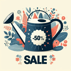 A watering can with "-50%" and "SALE" text, surrounded by floral elements. Use this for spring sale promotions, gardening discounts on websites/blogs.