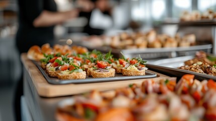 A vibrant array of gourmet appetizers is artistically presented on a tray, capturing the essence of fine dining and culinary creativity, ideal for food and hospitality marketing.