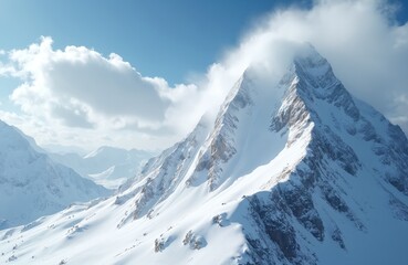 Fototapeta premium Snow-covered mountain peak against blue sky. Winter landscape. scenery. Icy cold environment, clouds and snow. Travel, extreme adventure concept. Remote locations for outdoor activities.