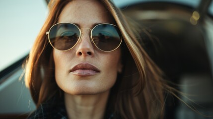 A striking close-up portrait of a confident woman wearing stylish sunglasses, set against a serene sky backdrop that enhances her captivating expression and glowing skin.