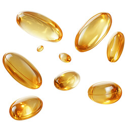 Falling golden fish oil softgels isolated on a transparent background, cutout PNG, realistic.
