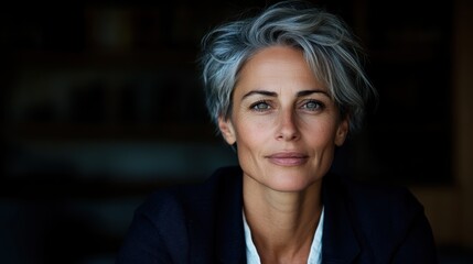 A close-up portrait of a confident middle-aged woman with striking silver hair and piercing eyes, capturing her wisdom and individuality in an intimate setting.