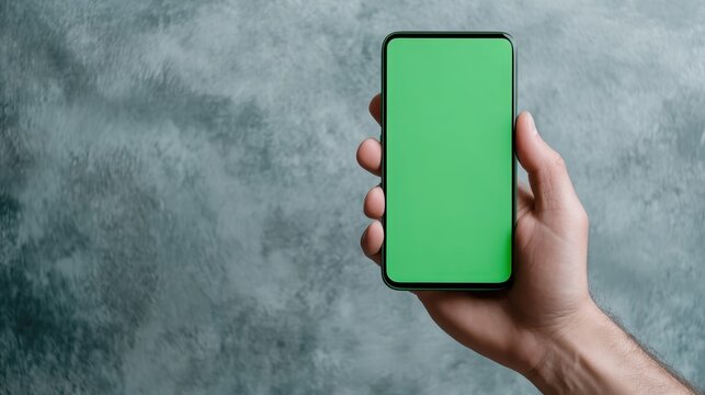 A close-up of a hand holding a smartphone displaying a vibrant green screen, perfect for showcasing interactive apps or creative projects needing a customizable canvas.