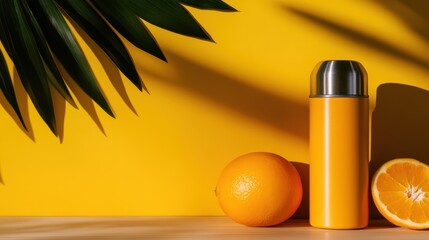 A cheerful yellow thermos and a fresh orange sit against a bright backdrop, representing warmth, energy, and the joy of a refreshing drink on a sunny day.