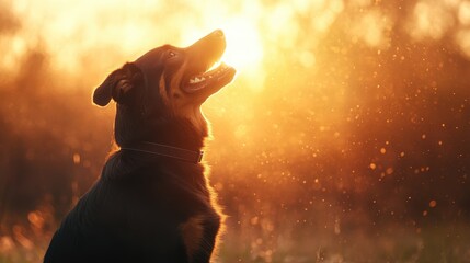 A dog's silhouette shines against a warm golden sunset, capturing the essence of companionship and the beauty of nature, evoking feelings of joy and tranquility.