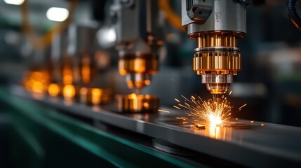 An industrial scene showcasing precision laser cutting in a factory, characterized by bright sparks and modern machinery, representing innovation and technology in manufacturing.