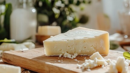 A mouthwatering image of a wedge of artisan cheese on a rustic wooden board, complemented by fresh greenery, inviting a sense of home and culinary delight.