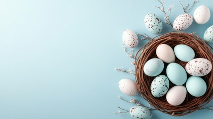 An eye-catching display of beautifully decorated Easter eggs arranged in a nest on a soft blue background, inviting warmth and joy during the festive spring season.