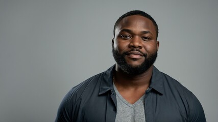 Fototapeta premium Plus size African man plain gray background, looking proud