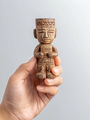 happy travel concept. Hand holding an intricately carved wooden figurine.