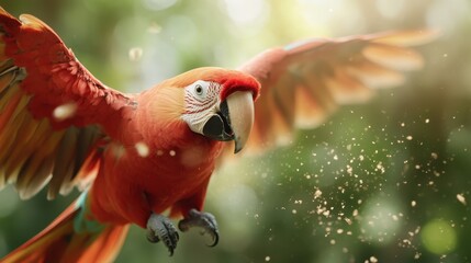 A vibrant scarlet macaw takes flight, showcasing its stunning plumage in a sunlit setting that embodies freedom, beauty, and the wonders of nature.