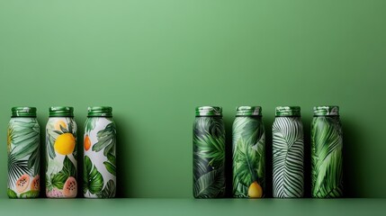 A collection of eco-friendly bottles featuring tropical leaf patterns against a solid green background, emphasizing sustainability and natural beauty.
