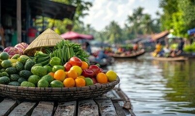 happy travel concept. Vibrant fruit market scene by the water with boats in the background.
