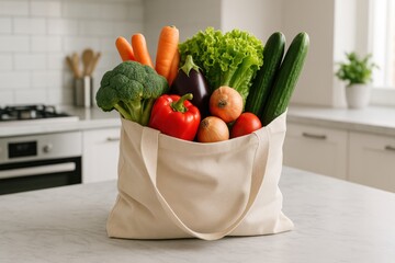 A reusable bag filled with fresh vegetables, including broccoli, carrots, lettuce, and cucumbers, placed on a kitchen counter in a well-lit room