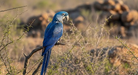 Obraz premium Beautiful hyacinth macaw perched on a branch in the wild nature