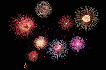 Naklejka premium group of colorful fireworks exploding in the night sky7