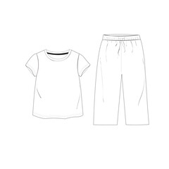 Children's nightwear technical flat sketch. Cotton sweatshirt and pants. Kids' nigh wear design template