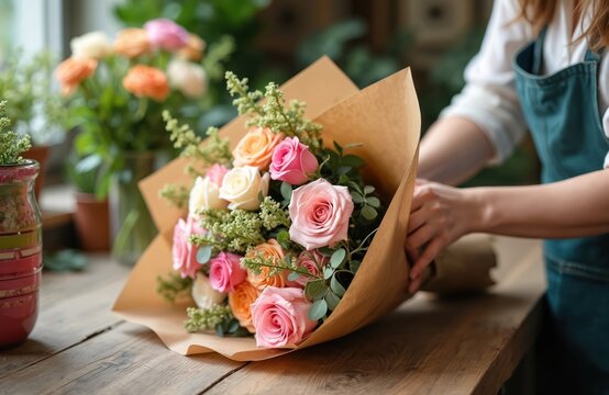 Female florist wraps bouquet roses in craft paper in flower shop. Woman creates floral arrangement, prepares for sale. Roses, plants, craft paper create beautiful decor, perfect gift. Business,