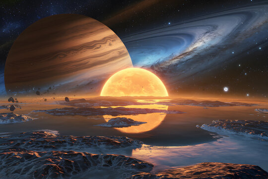 Alien Planet Sunrise with Giant Rings and Stars. A breathtaking digital illustration of a sunrise on a distant, icy planet with a majestic ring system. - Powered by Adobe