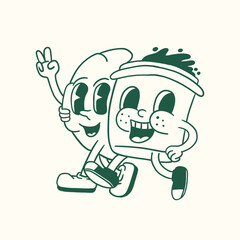 coffee cup and croissant retro cartoon character illustration