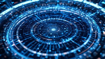 AI-driven digital grid with binary code transforming into rotating holographic rings - Powered by Adobe