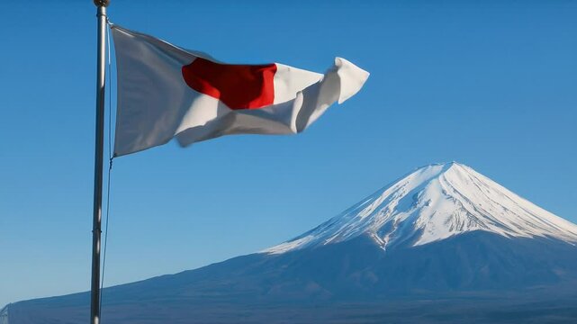 Japanese flag waving against mt. fuji backdrop under clear sky