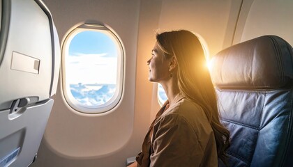 Woman gazing out of an airplane window during a scenic flight, experiencing reflection and wonder at the clouds and sky