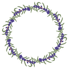 Elegant Hand-Drawn Botanical Wreath with Purple Berries and Green Leaves in a Natural Decorative Design