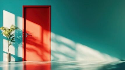 A striking red door stands out against a serene turquoise wall, inviting curiosity while casting intriguing shadows on the surface floor beneath it.