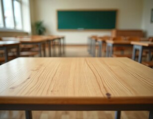 Empty wooden table in classroom with blurred background. School interior with desks, chairs, and blackboard. Education, learning concept. Suitable for product display, presentation.
