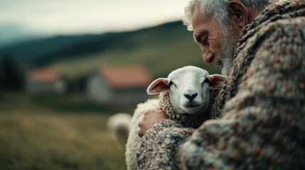 Obraz premium A tender moment unfolds as an elderly man embraces a lamb, showcasing the bond between human and animal in a serene, rustic countryside landscape.