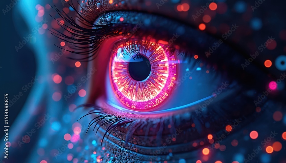 Poster futuristic digital eye with data streams, tech elements. concept design for data privacy, security. 
